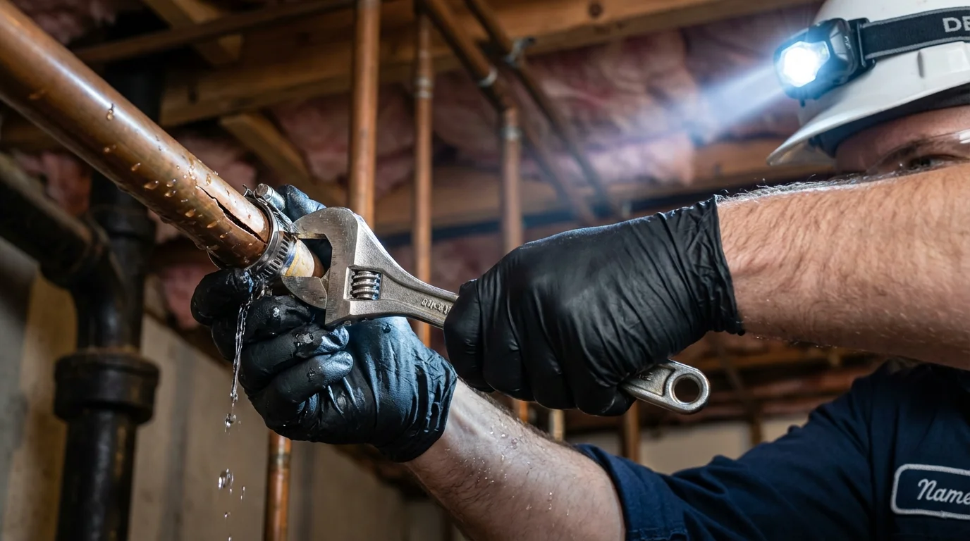 Emergency pipe clamp repair being performed by a Johns Plumbing LLC plumber in Hopedale