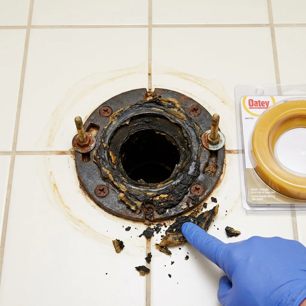 Failed wax ring showing water seepage at the base of a toilet in a Hopedale, MA home