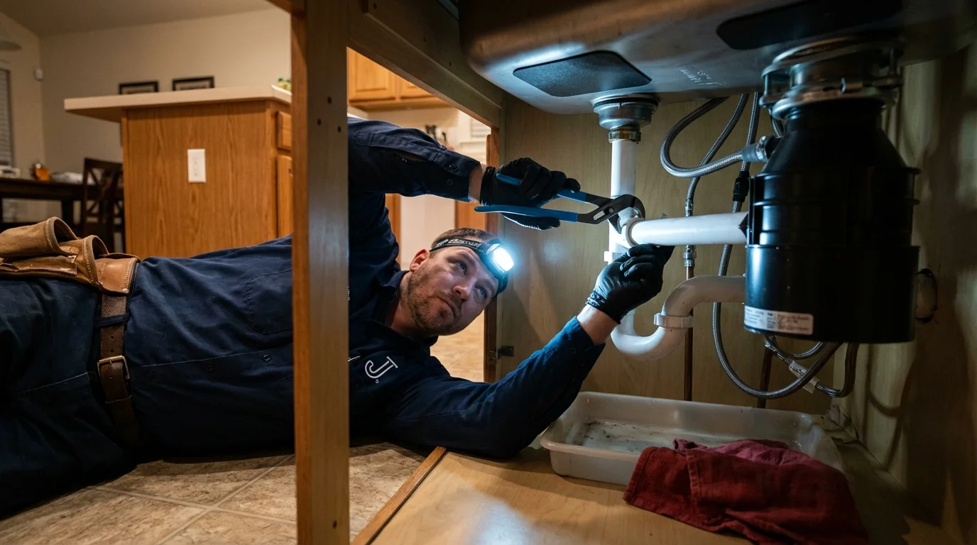 P-trap and supply line connections under a kitchen sink showing a common leak point in Hopedale, MA